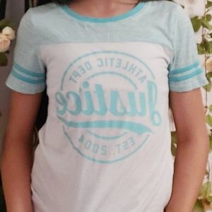 A blue and white tee shirt